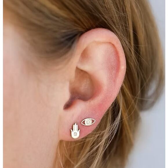 NEW ANTHROPOLOGIE JaxKelly 18kt Hamsa Hand Evil Eye Stud Earring Set Jewelry - Picture 4 of 8